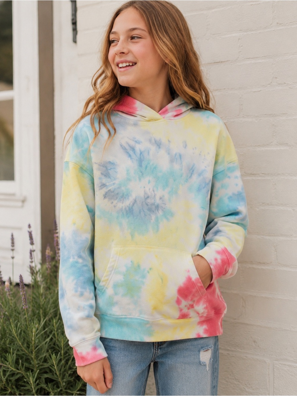 GAP Kids Tie Dye Hoodie XL (12) Blue Yellow Pink Pullover Sweatshirt